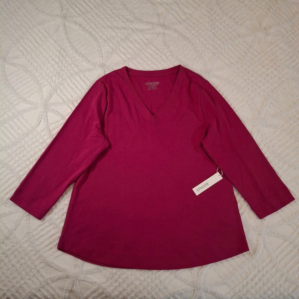 Chico's 2 Womens Large Magenta Pink 3/4 Sleeve V-Neck 100% Pima Cotton NWT